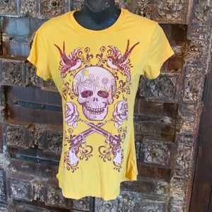 Crash & Burn Skull Bird Pistol Rock Star Tee